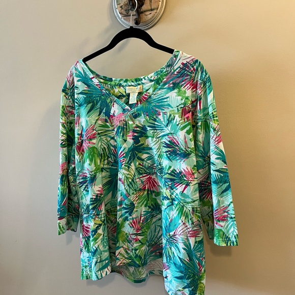 Caribbean Joe Tops - Caribbean Joe Green and Pink Leaf Print Long Sleeve Top Size 1X